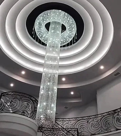 Extra Large Flush Mount Silver Waterfall Luxury Ceiling Crystal Chandelier for High - ceiling Living Room/Duplex Hall - cyranlamps