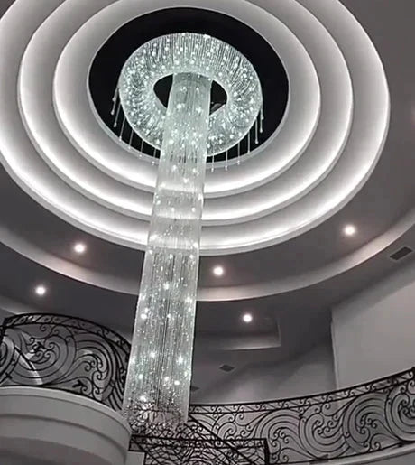 Extra Large Flush Mount Silver Waterfall Luxury Ceiling Crystal Chandelier for High - ceiling Living Room/Duplex Hall - cyranlamps