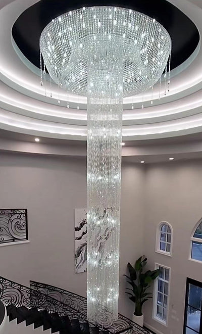Extra Large Flush Mount Silver Waterfall Luxury Ceiling Crystal Chandelier for High - ceiling Living Room/Duplex Hall - cyranlamps