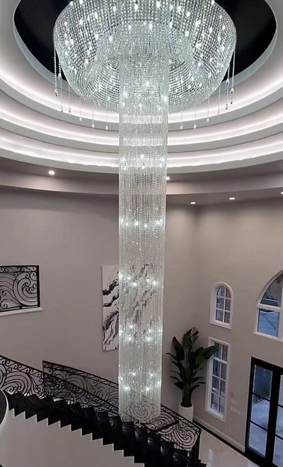 Extra Large Flush Mount Silver Waterfall Luxury Ceiling Crystal Chandelier for High - ceiling Living Room/Duplex Hall - cyranlamps