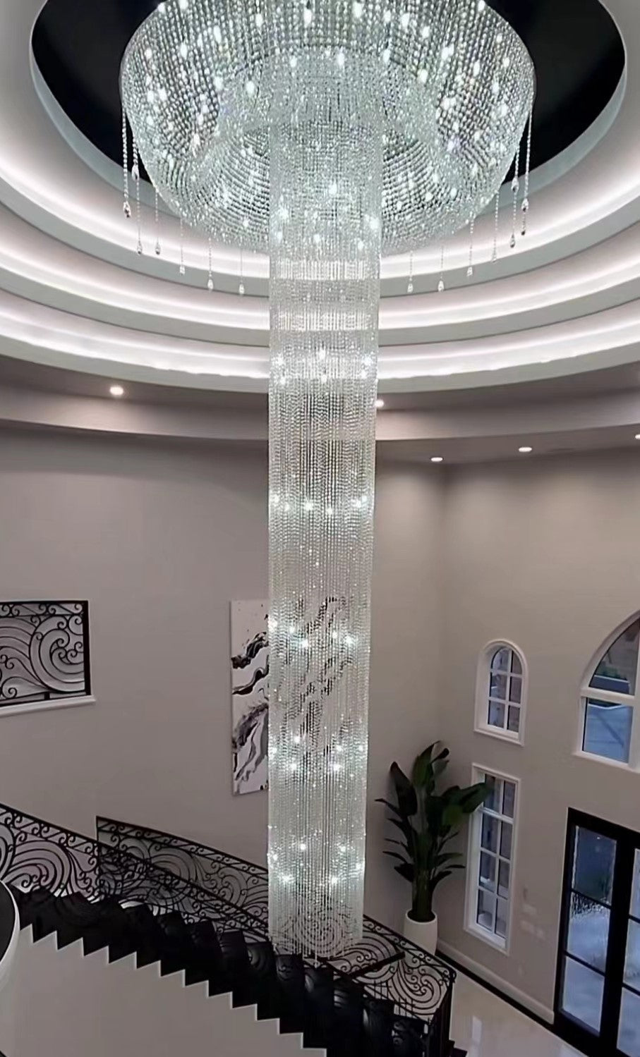 Extra Large Flush Mount Silver Waterfall Luxury Ceiling Crystal Chandelier for High - ceiling Living Room/Duplex Hall - cyranlamps