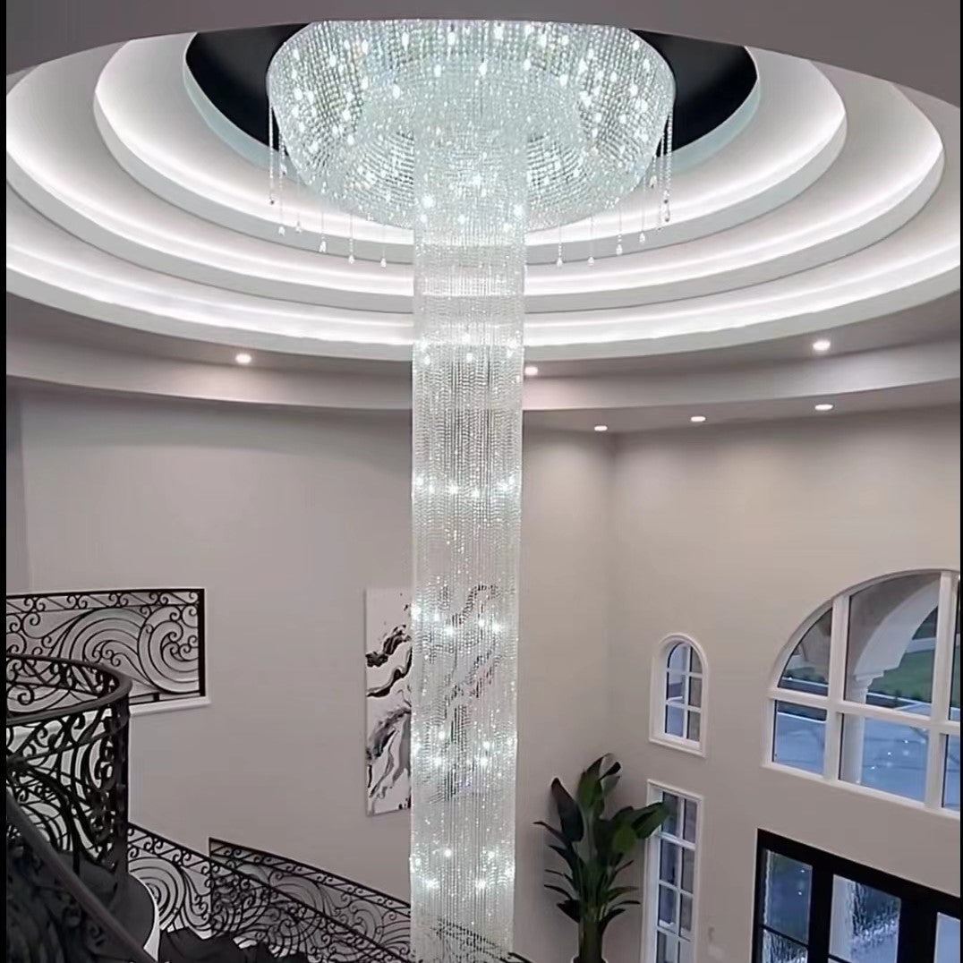 Extra Large Flush Mount Silver Waterfall Luxury Ceiling Crystal Chandelier for High - ceiling Living Room/Duplex Hall - cyranlamps