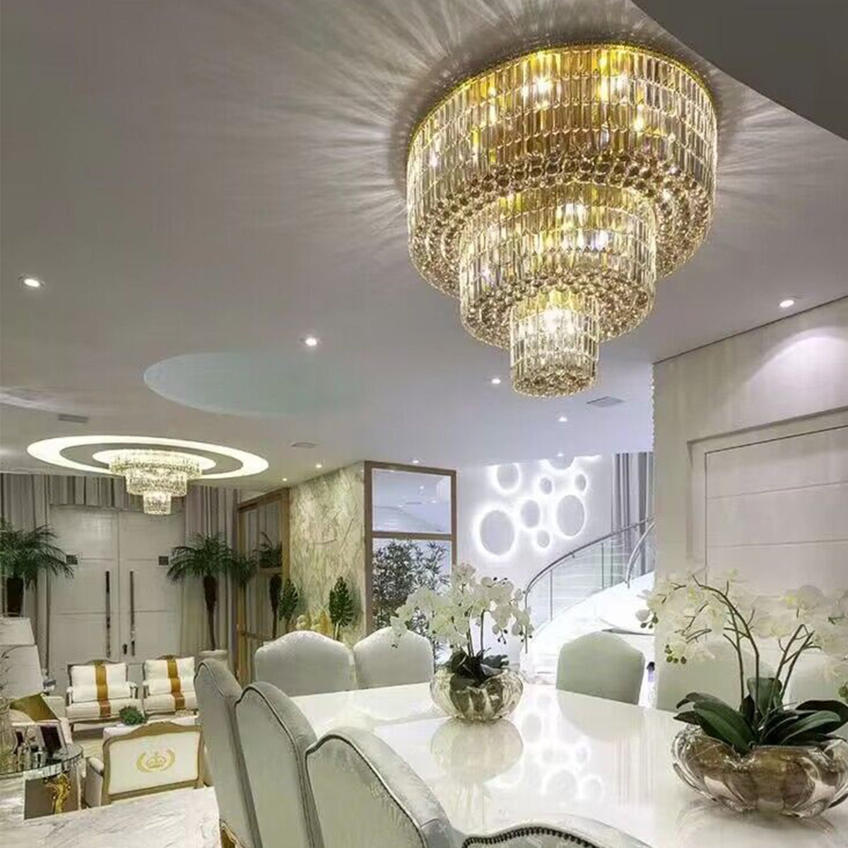 Extra Large Gold Flush Mount Crystal Light Round 3 - layers Decorative Living Room/Dining Room Light Fixture - cyranlamps