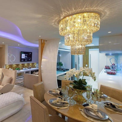 Extra Large Gold Flush Mount Crystal Light Round 3 - layers Decorative Living Room/Dining Room Light Fixture - cyranlamps