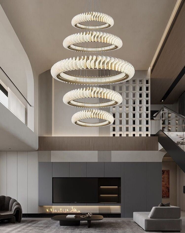 Extra Large Multi - layers Rings Crystal Chandelier Modern Art Waves Creative Pendant Light For High - ciling Foyer/Hallway/Staircase - cyranlamps