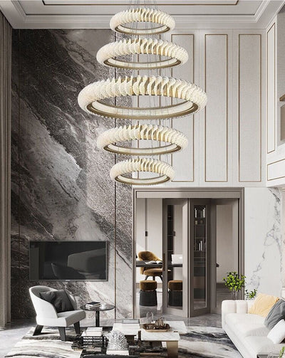 Extra Large Multi - layers Rings Crystal Chandelier Modern Art Waves Creative Pendant Light For High - ciling Foyer/Hallway/Staircase - cyranlamps