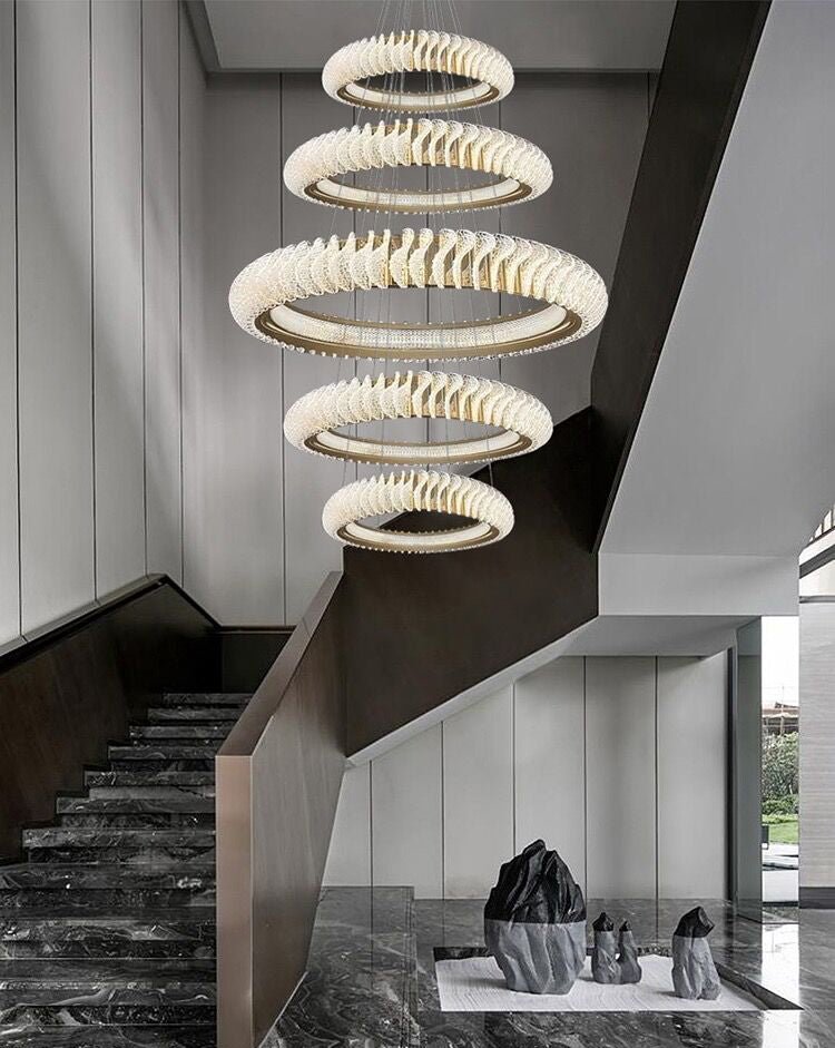 Extra Large Multi - layers Rings Crystal Chandelier Modern Art Waves Creative Pendant Light For High - ciling Foyer/Hallway/Staircase - cyranlamps