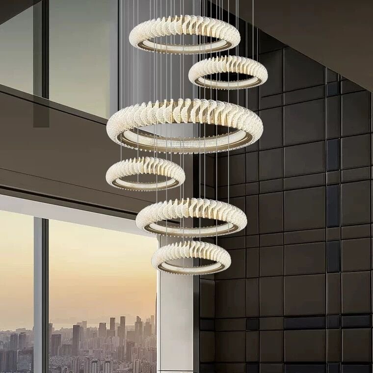 Extra Large Multi - layers Rings Crystal Chandelier Modern Art Waves Creative Pendant Light For High - ciling Foyer/Hallway/Staircase - cyranlamps