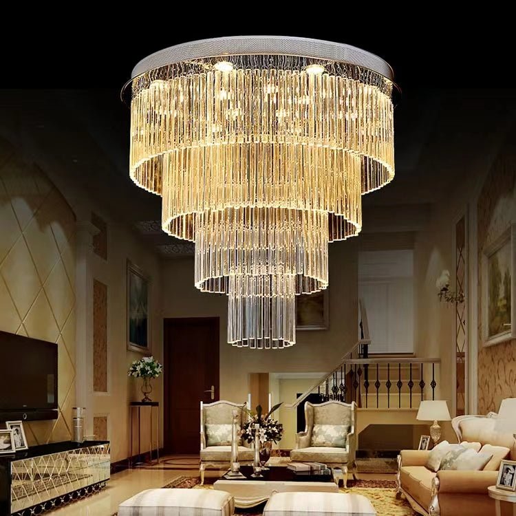 Extra Large Multi - tier Round Flush Mount Light Crystal Rod Chandelier for Living Room/Foyer - cyranlamps