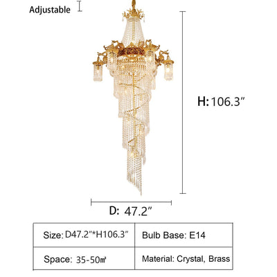 Extra Large Retro Luxury Full Copper Crystal Chandelier for Staircase/ Duplexes/ Villas - cyranlamps