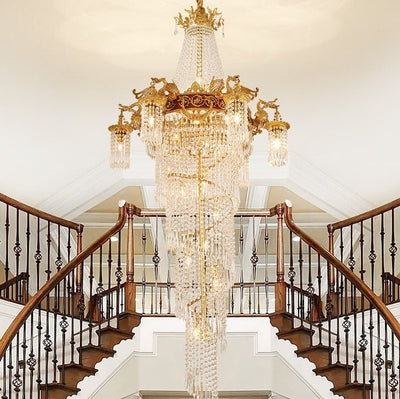 Extra Large Retro Luxury Full Copper Crystal Chandelier for Staircase/ Duplexes/ Villas - cyranlamps