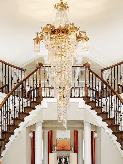 Extra Large Retro Luxury Full Copper Crystal Chandelier for Staircase/ Duplexes/ Villas - cyranlamps