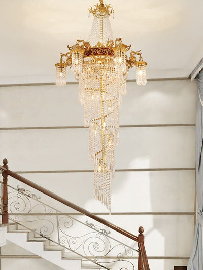 Extra Large Retro Luxury Full Copper Crystal Chandelier for Staircase/ Duplexes/ Villas - cyranlamps