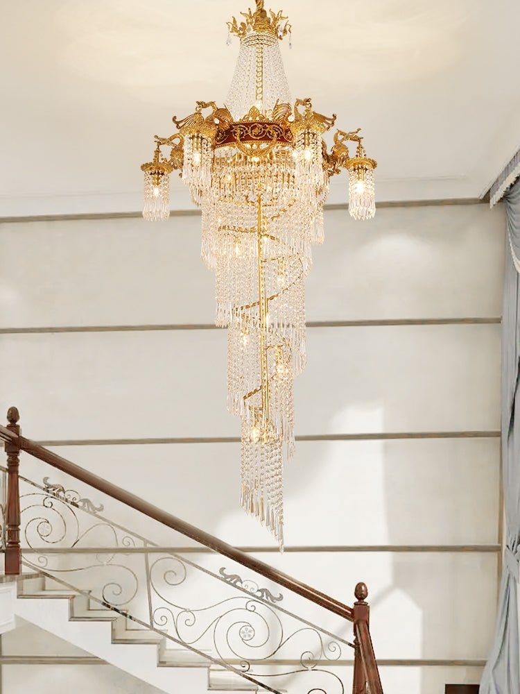 Extra Large Retro Luxury Full Copper Crystal Chandelier for Staircase/ Duplexes/ Villas - cyranlamps