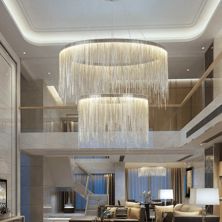 Extra Large Round Aluminum Tassel Chain Chandelier for Living/Dining Room/Villa/Duplex Hall - cyranlamps