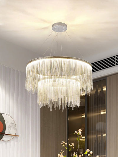 Extra Large Round Aluminum Tassel Chain Chandelier for Living/Dining Room/Villa/Duplex Hall - cyranlamps