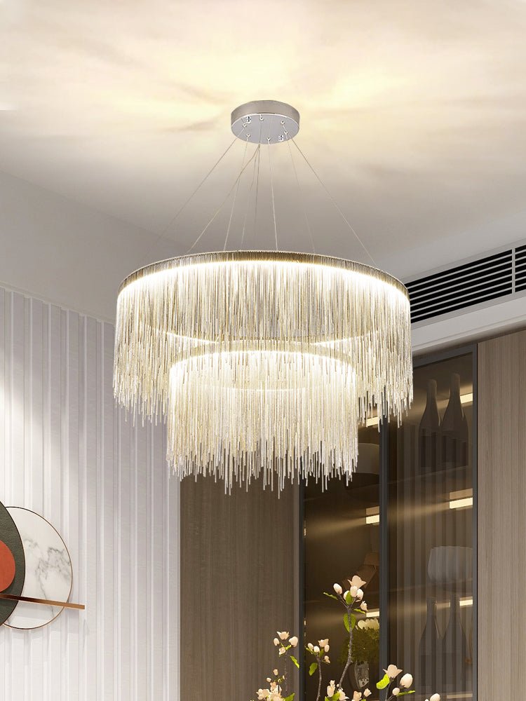 Extra Large Round Aluminum Tassel Chain Chandelier for Living/Dining Room/Villa/Duplex Hall - cyranlamps