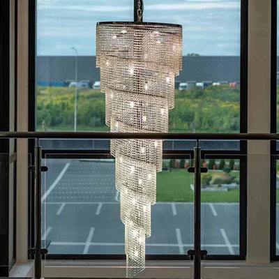 Extra Large Spiral Tiered Long Crystal Chandelier Luxury Crystal Tassel Light Fixture For Staircase/Entryway - cyranlamps