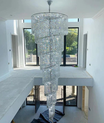 Extra Large Spiral Tiered Long Crystal Chandelier Luxury Crystal Tassel Light Fixture For Staircase/Entryway - cyranlamps