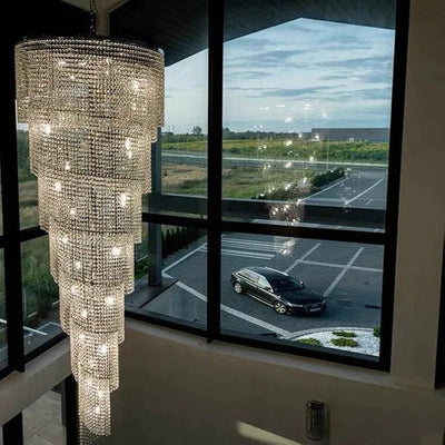 Extra Large Spiral Tiered Long Crystal Chandelier Luxury Crystal Tassel Light Fixture For Staircase/Entryway - cyranlamps