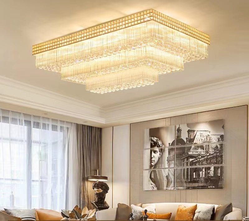 Extra Large Three Layers Rectangular Luxury Flush Mounted Crystal Chandelier for Living Room - cyranlamps