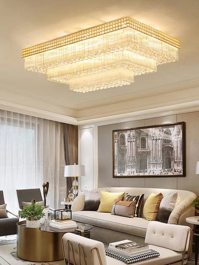 Extra Large Three Layers Rectangular Luxury Flush Mounted Crystal Chandelier for Living Room - cyranlamps
