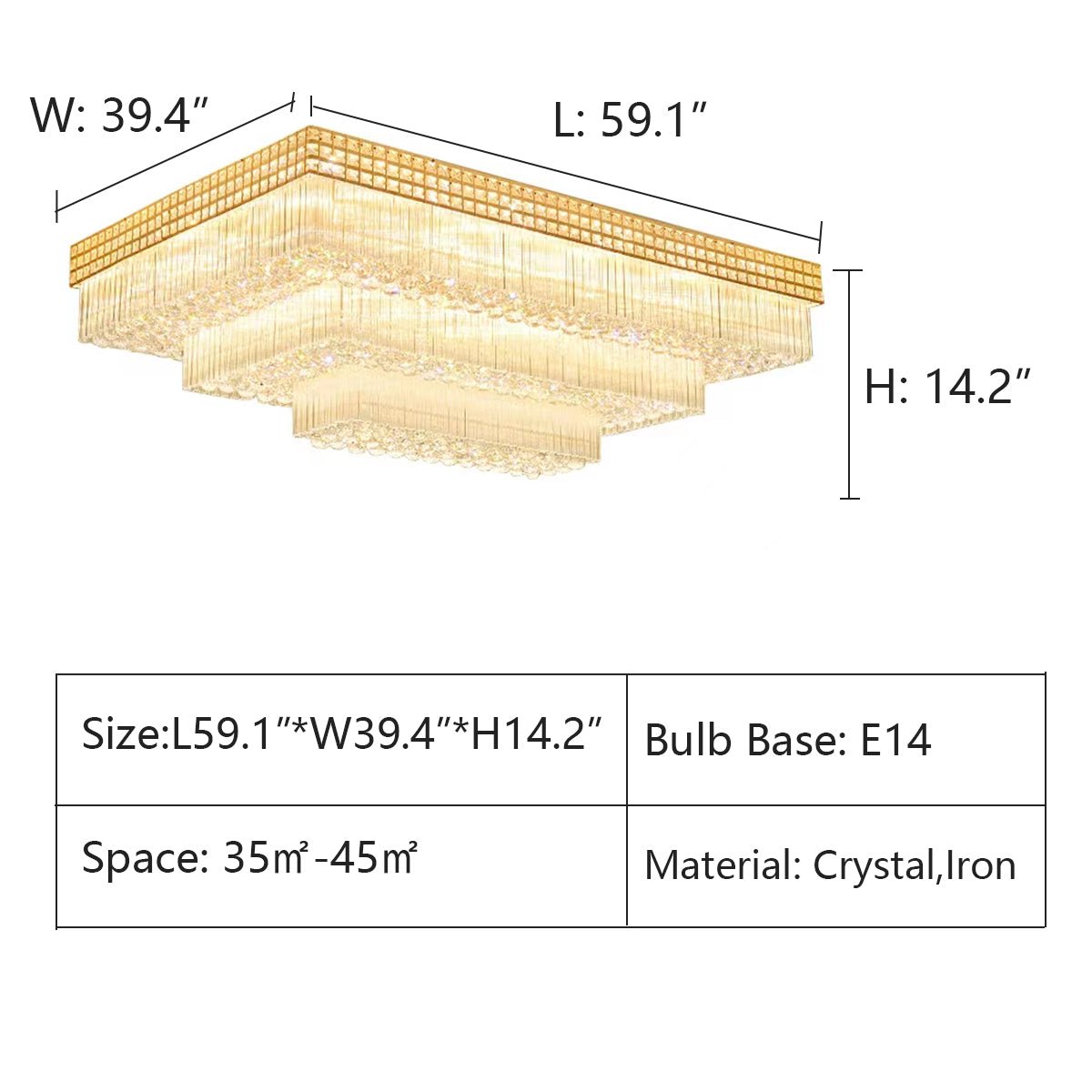 Extra Large Three Layers Rectangular Luxury Flush Mounted Crystal Chandelier for Living Room - cyranlamps