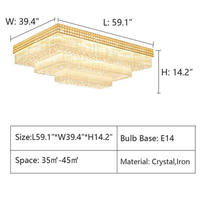 Extra Large Three Layers Rectangular Luxury Flush Mounted Crystal Chandelier for Living Room - cyranlamps