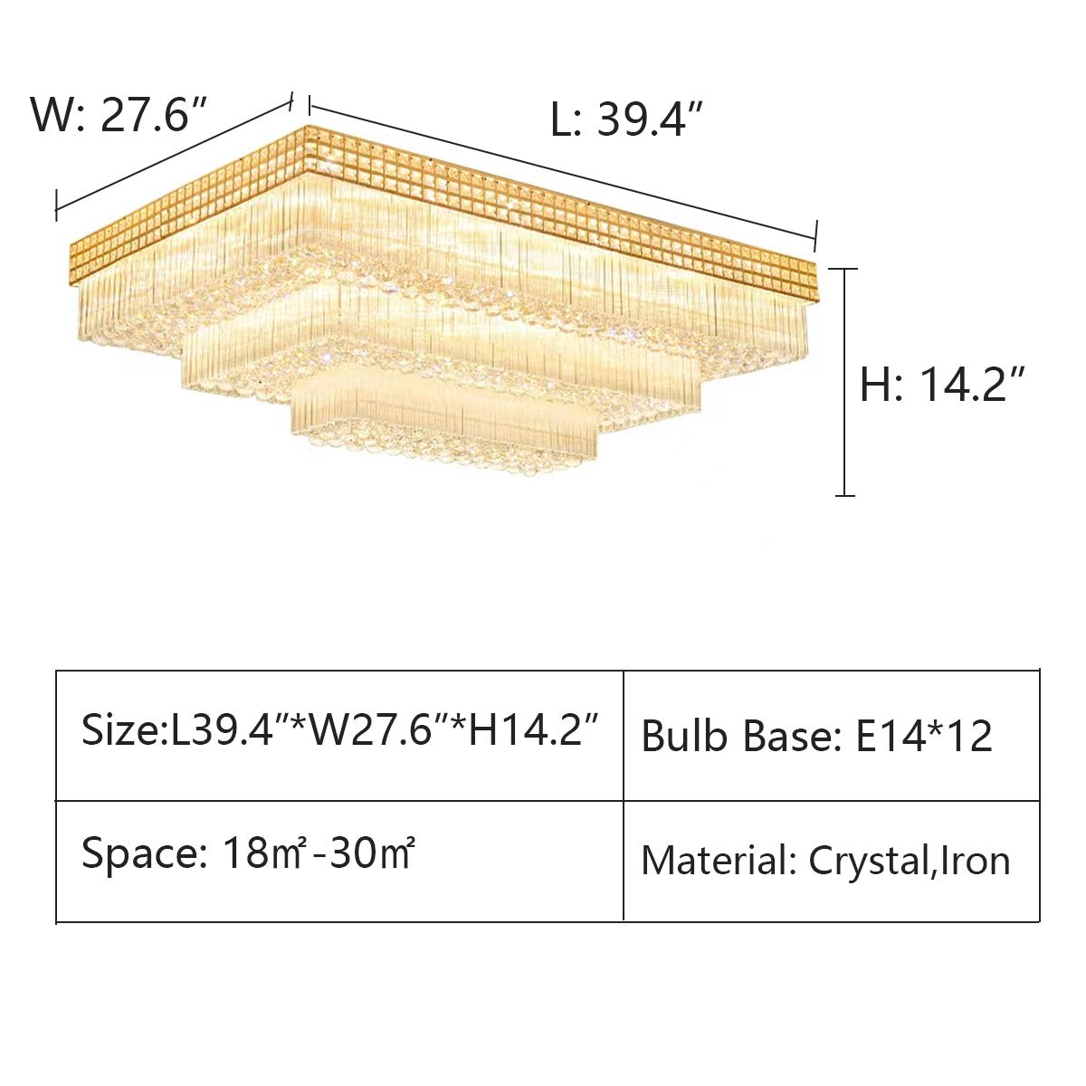 Extra Large Three Layers Rectangular Luxury Flush Mounted Crystal Chandelier for Living Room - cyranlamps