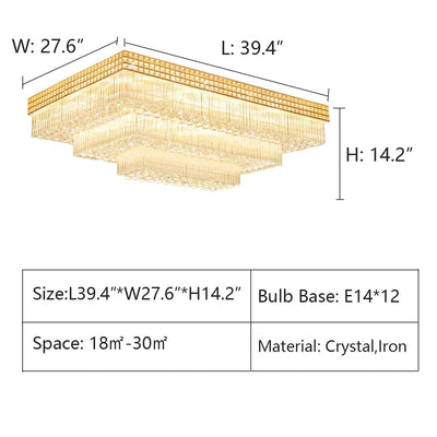 Extra Large Three Layers Rectangular Luxury Flush Mounted Crystal Chandelier for Living Room - cyranlamps