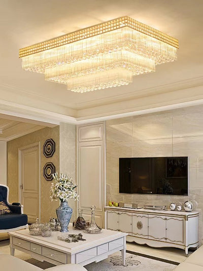 Extra Large Three Layers Rectangular Luxury Flush Mounted Crystal Chandelier for Living Room - cyranlamps