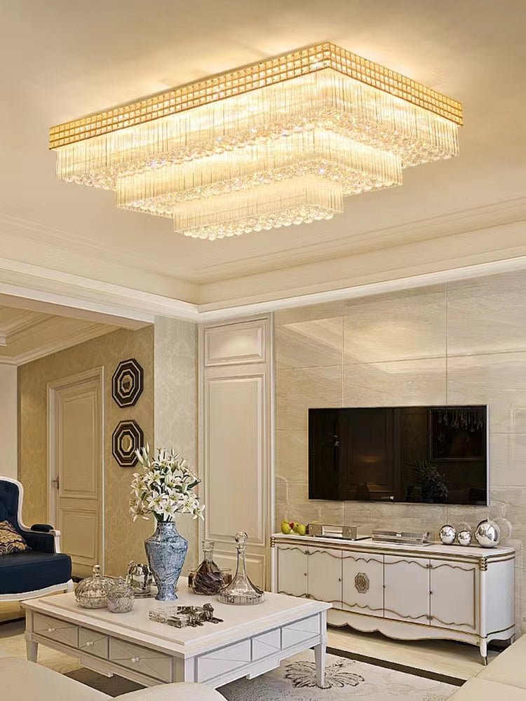 Extra Large Three Layers Rectangular Luxury Flush Mounted Crystal Chandelier for Living Room - cyranlamps