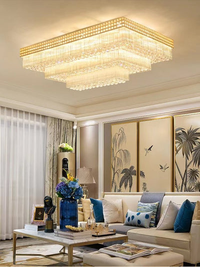 Extra Large Three Layers Rectangular Luxury Flush Mounted Crystal Chandelier for Living Room - cyranlamps