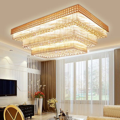 Extra Large Three Layers Rectangular Luxury Flush Mounted Crystal Chandelier for Living Room - cyranlamps