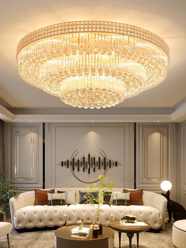 Extra Large Three Layers Round Luxury Flush Mounted Crystal Chandelier for Living Room - cyranlamps