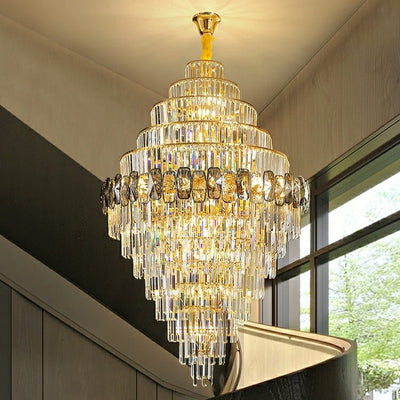 Fashion Large Staircase Chandelier For Foyer Living Room Entrance Crystal Ceiling Light Fixture In Gold Finish - cyranlamps