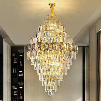 Fashion Large Staircase Chandelier For Foyer Living Room Entrance Crystal Ceiling Light Fixture In Gold Finish - cyranlamps