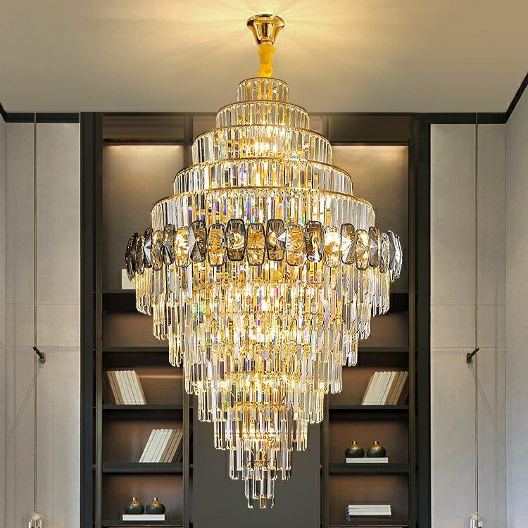 Fashion Large Staircase Chandelier For Foyer Living Room Entrance Crystal Ceiling Light Fixture In Gold Finish - cyranlamps