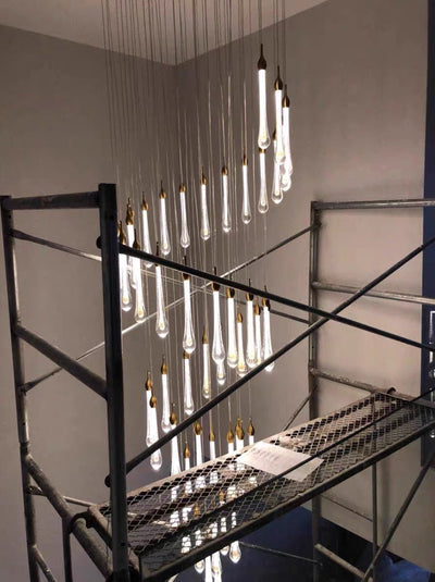 Foyer Glass Drops Pendant Chandelier Spiral Staircase High Ceiling Light Fixture In Gold Finish - cyranlamps