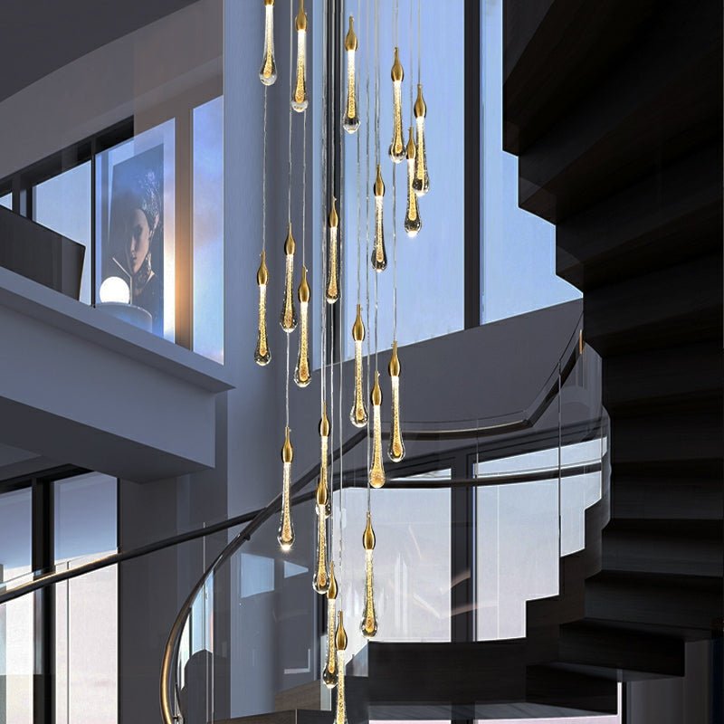 Foyer Glass Drops Pendant Chandelier Spiral Staircase High Ceiling Light Fixture In Gold Finish - cyranlamps