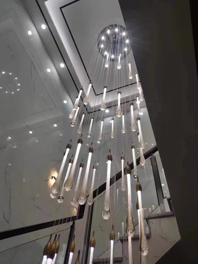 Foyer Glass Drops Pendant Chandelier Spiral Staircase High Ceiling Light Fixture In Gold Finish - cyranlamps