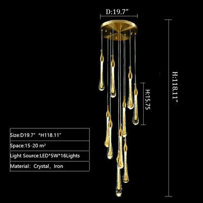 Foyer Glass Drops Pendant Chandelier Spiral Staircase High Ceiling Light Fixture In Gold Finish - cyranlamps
