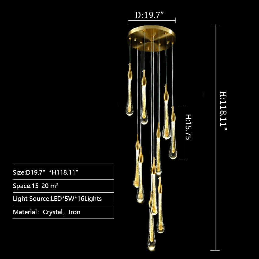 Foyer Glass Drops Pendant Chandelier Spiral Staircase High Ceiling Light Fixture In Gold Finish - cyranlamps