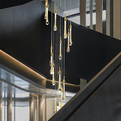 Foyer Glass Drops Pendant Chandelier Spiral Staircase High Ceiling Light Fixture In Gold Finish - cyranlamps