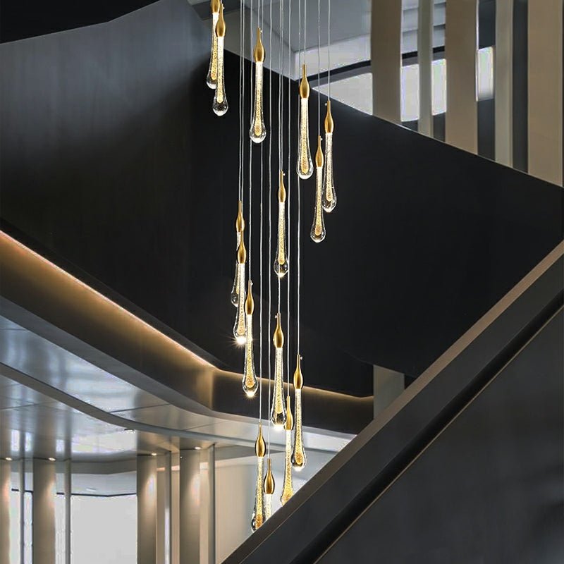 Foyer Glass Drops Pendant Chandelier Spiral Staircase High Ceiling Light Fixture In Gold Finish - cyranlamps