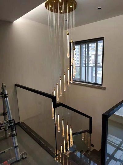 Foyer Glass Drops Pendant Chandelier Spiral Staircase High Ceiling Light Fixture In Gold Finish - cyranlamps