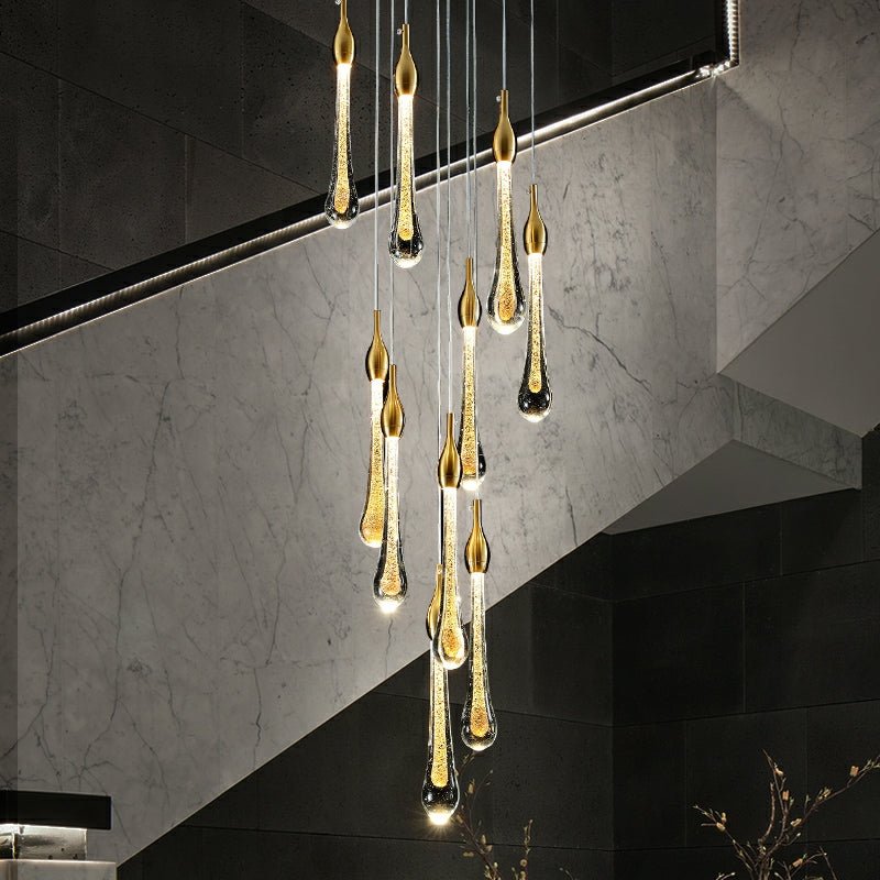 Foyer Glass Drops Pendant Chandelier Spiral Staircase High Ceiling Light Fixture In Gold Finish - cyranlamps