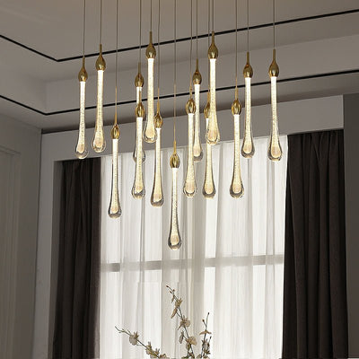 Foyer Glass Drops Pendant Chandelier Spiral Staircase High Ceiling Light Fixture In Gold Finish - cyranlamps