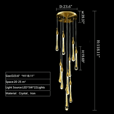 Foyer Glass Drops Pendant Chandelier Spiral Staircase High Ceiling Light Fixture In Gold Finish - cyranlamps