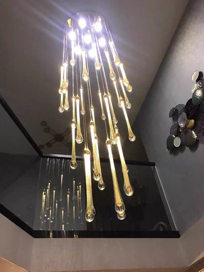 Foyer Glass Drops Pendant Chandelier Spiral Staircase High Ceiling Light Fixture In Gold Finish - cyranlamps